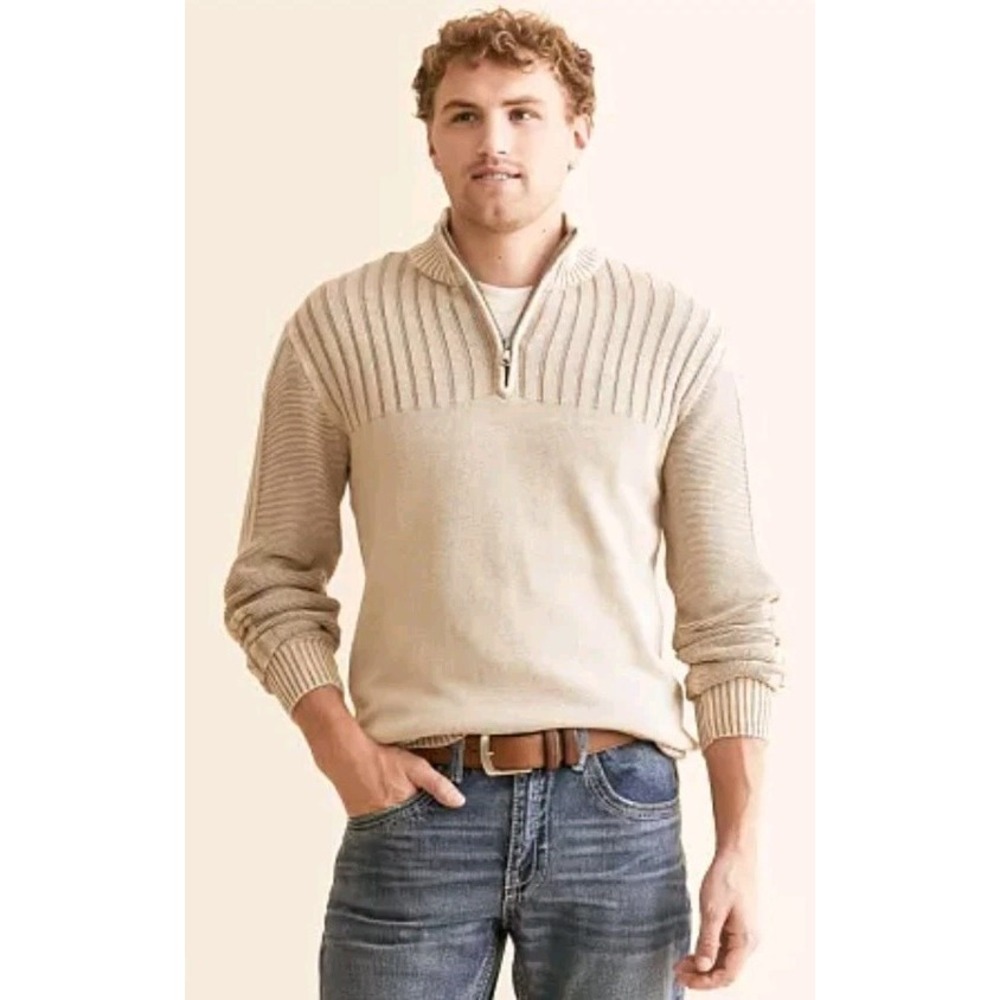 NEW BKE Plated Quarter Zip SweaterShirt Tan M‎ Men Elbow Patch Pullover Zip